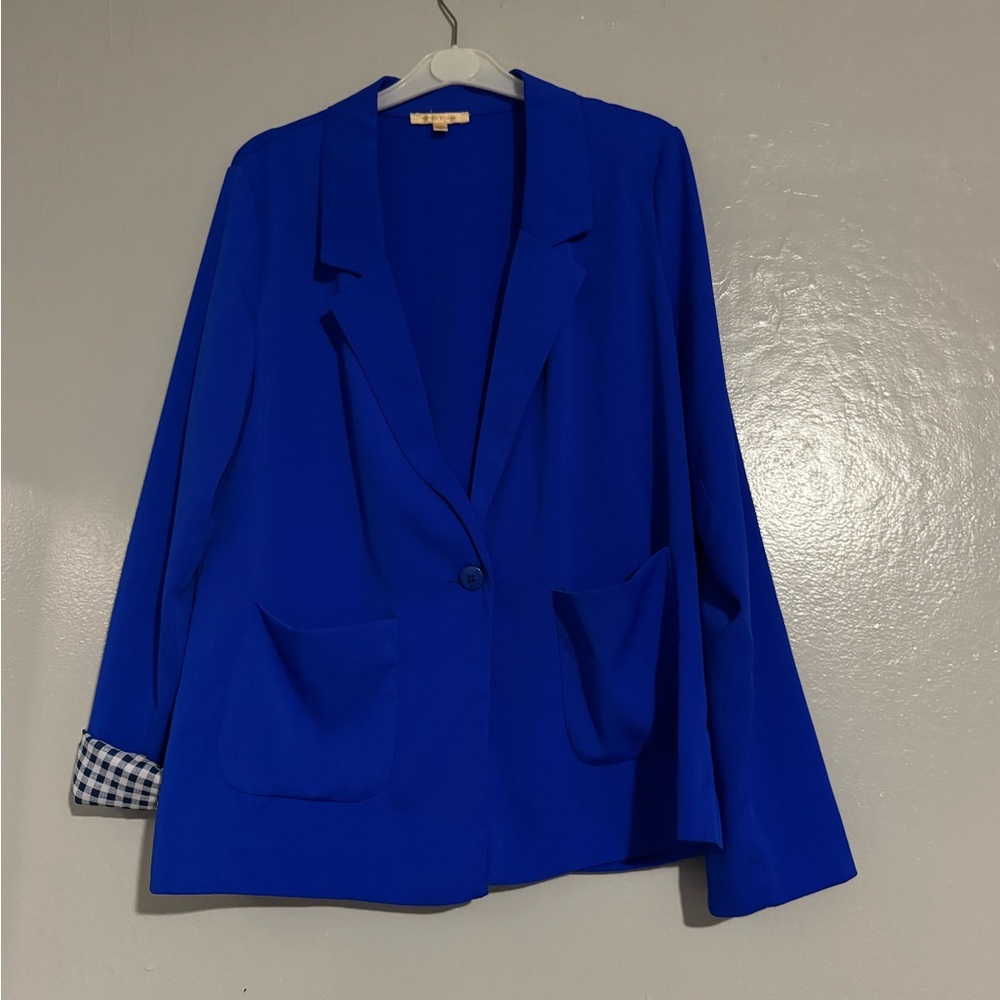 Skies Are Blue Bright Blue Blazer Women’s Suit Jacket M Medium Gingham Inside